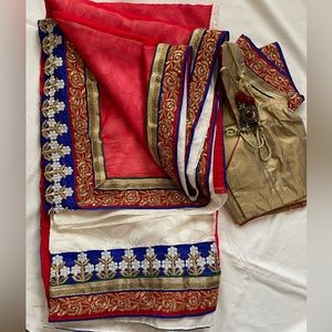 Designer red, white and blue saree